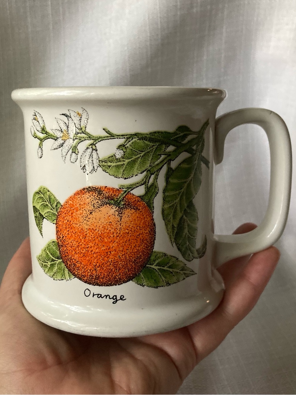 Vintage Lauffer Stoneware Mug with Orange Print and Informational Script!